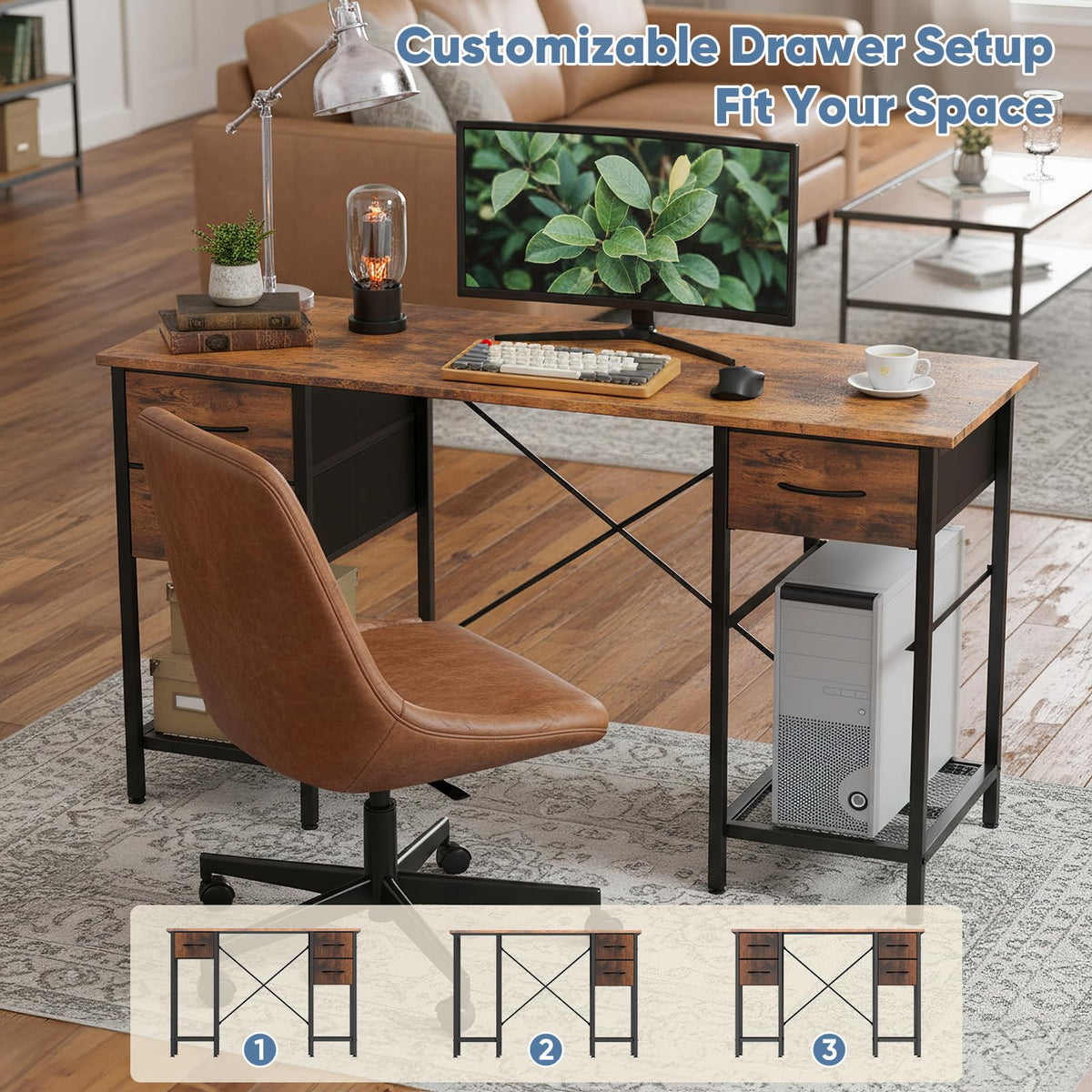 Sweetcrispy Computer Desk with Drawers, 55 Inch Home Office Bedroom Table with 4 Fabric Drawers & 2 Mesh Storage Shelves, Wood Table with X-Shaped Structure for Writing Study PC Desk, Brown