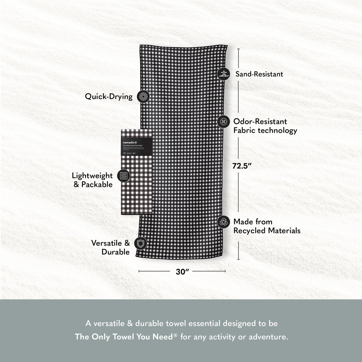 Nomadix Original Towel - Perfect for Beach, Pool, Travel, Camping, Yoga - Made with Recycled Materials - Super Absorbent - Sand Resistant - Gingham Black - 72.5x30