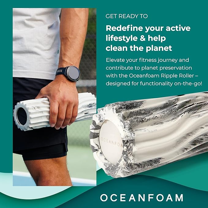 Oceanfoam Ripple Travel Foam Roller (11" x 3.35") Firm Mini Foam Roller for Physical Therapy, Deep Tissue Massage, Back Pain - High Density, Ergonomic Wave Textured - Yoga, Exercise (Black Marbled)