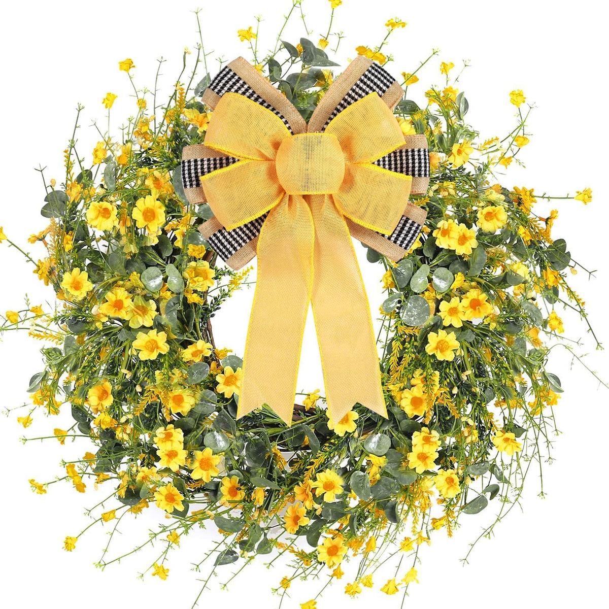 Skiennix Decorative Bow | 2 PCS Spring Summer Wreath Decor with Yellow Burlap & Black Stripe Ribbon