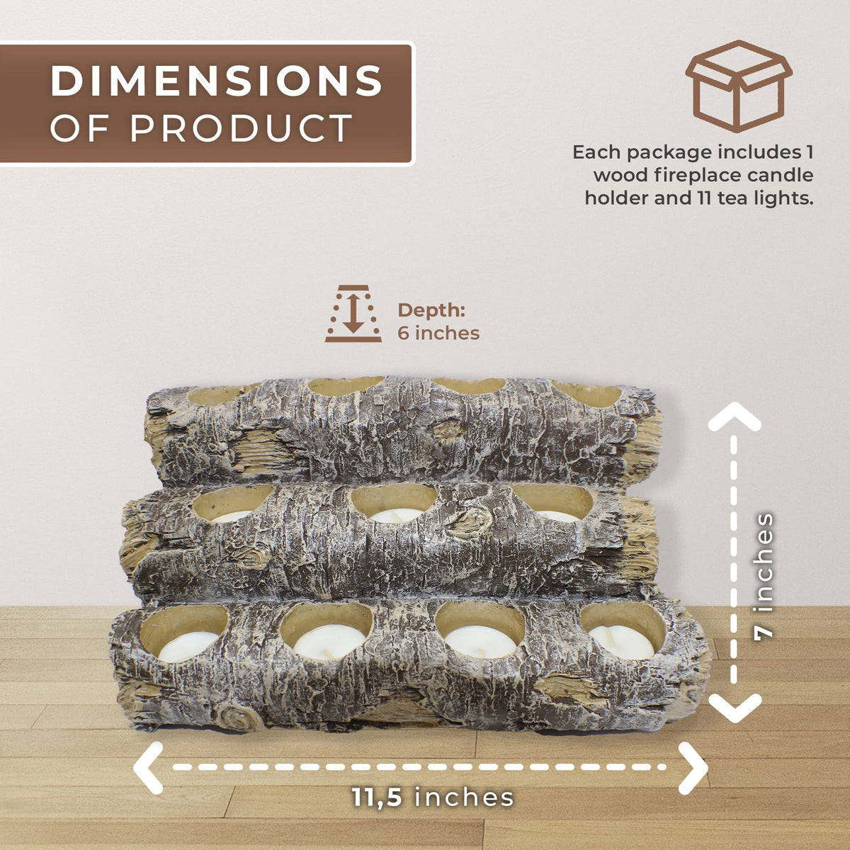 Castaway Faux Fireplace Logs Candle Holder — Realistic Rustic Wood Log Centerpiece with 12 Tea Light Candles, Safe, Smoke-Free ambiance, Authentic Wood Texture, and and Low Maintenance