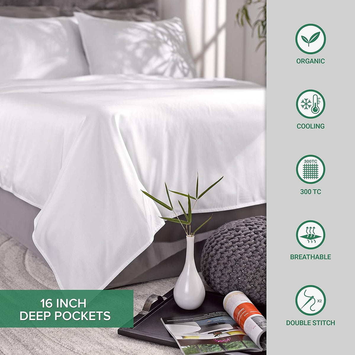 Pure Bamboo Full Bed Sheet Set - 100% Organic Viscose, Luxuriously Soft & Cooling | Jacquard Stone, Double Stitching