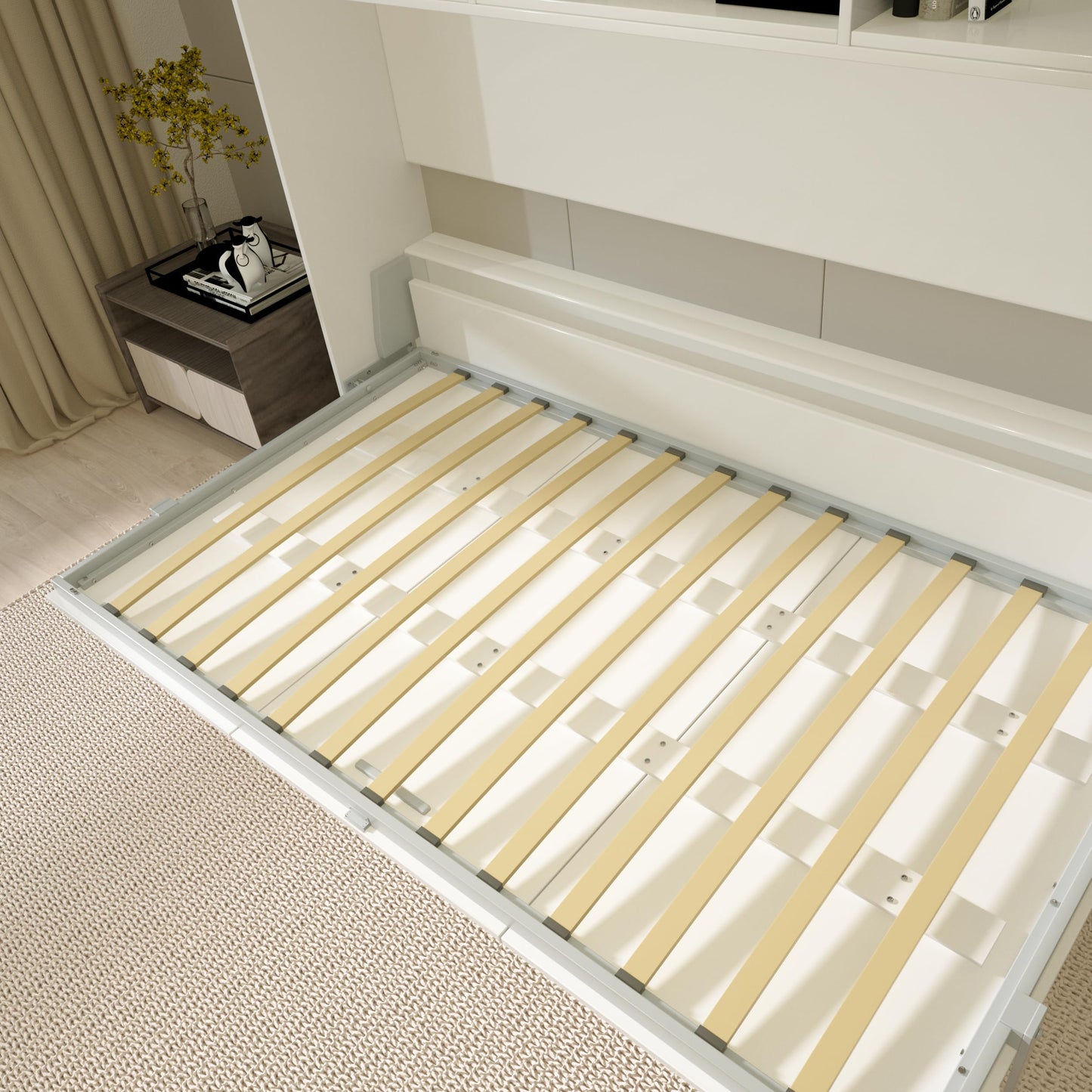 Jintop Twin Size Horizontal Murphy Bed with Double Layer Shelf Storage,Wood Wall Cabinet Hideaway Platform Bedframe W Gas Struts,for Bedroom or Guestroom,White