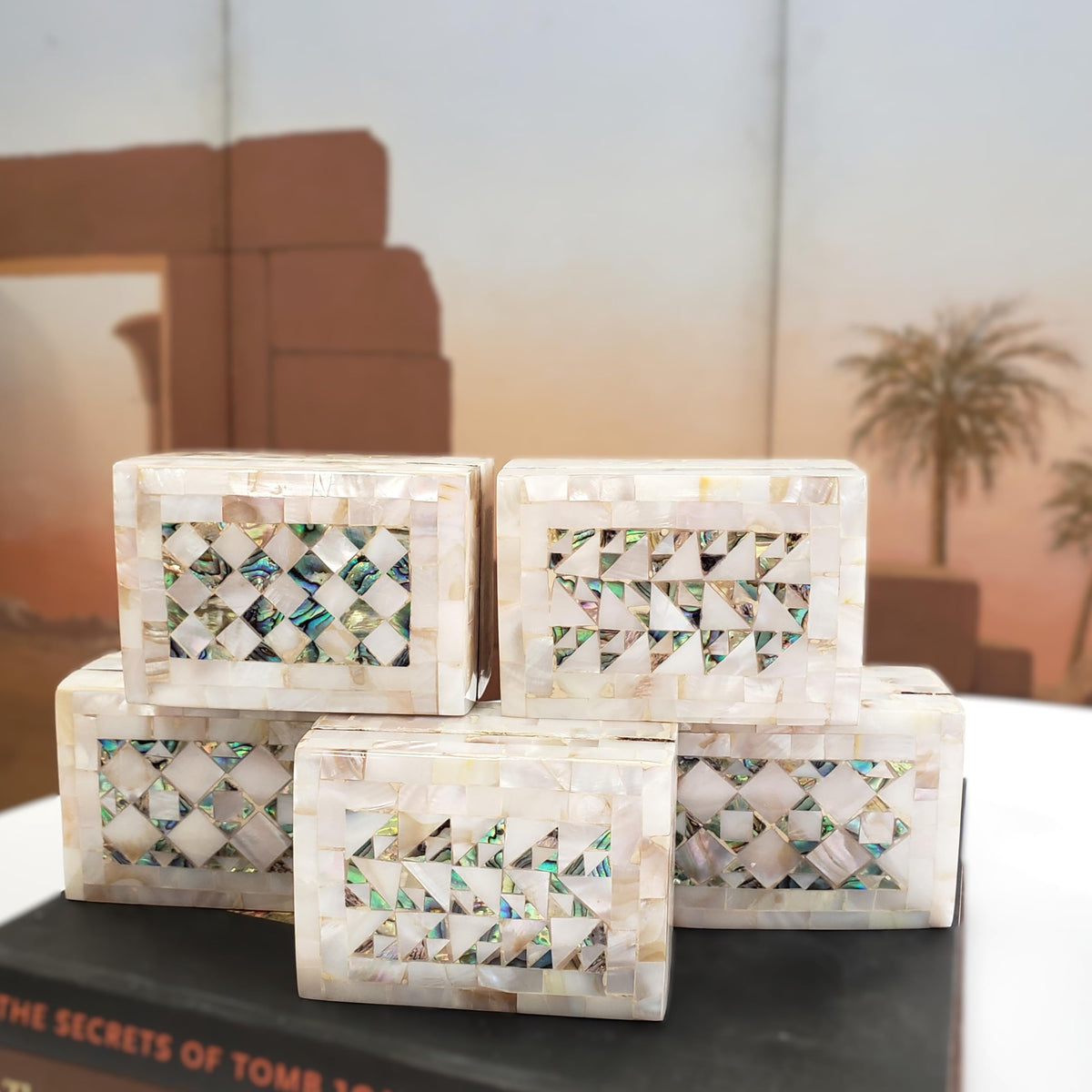 Egyptian Wooden Jewelry Box with Mother of Pearl Inlaid - White Rectangle Unique Gift Container - Arabesque Pattern Design - Velvet Lined - Made in Egypt
