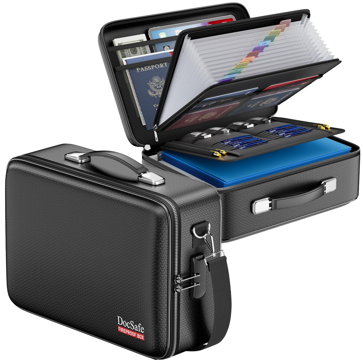 DocSafe Fireproof Document Box with Lock＆Shoulder Strap, Hard-Shell Case File Organizer with Accordion File Folder, Multi-Layer Portable Home Office Travel Safe Storage for Important Documents Laptop
