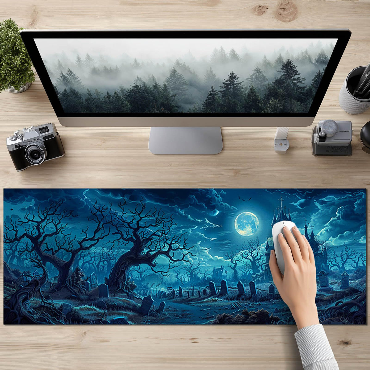 HOMETITUTE Large Mouse Pad 31.5x11.8 Inch Gaming Mousepad Moonlit Graveyard Night Art Non-Slip Keyboard Desktop Protector Mat XL Mouse Pad for Home Office Laptop Wireless Mice Accessories