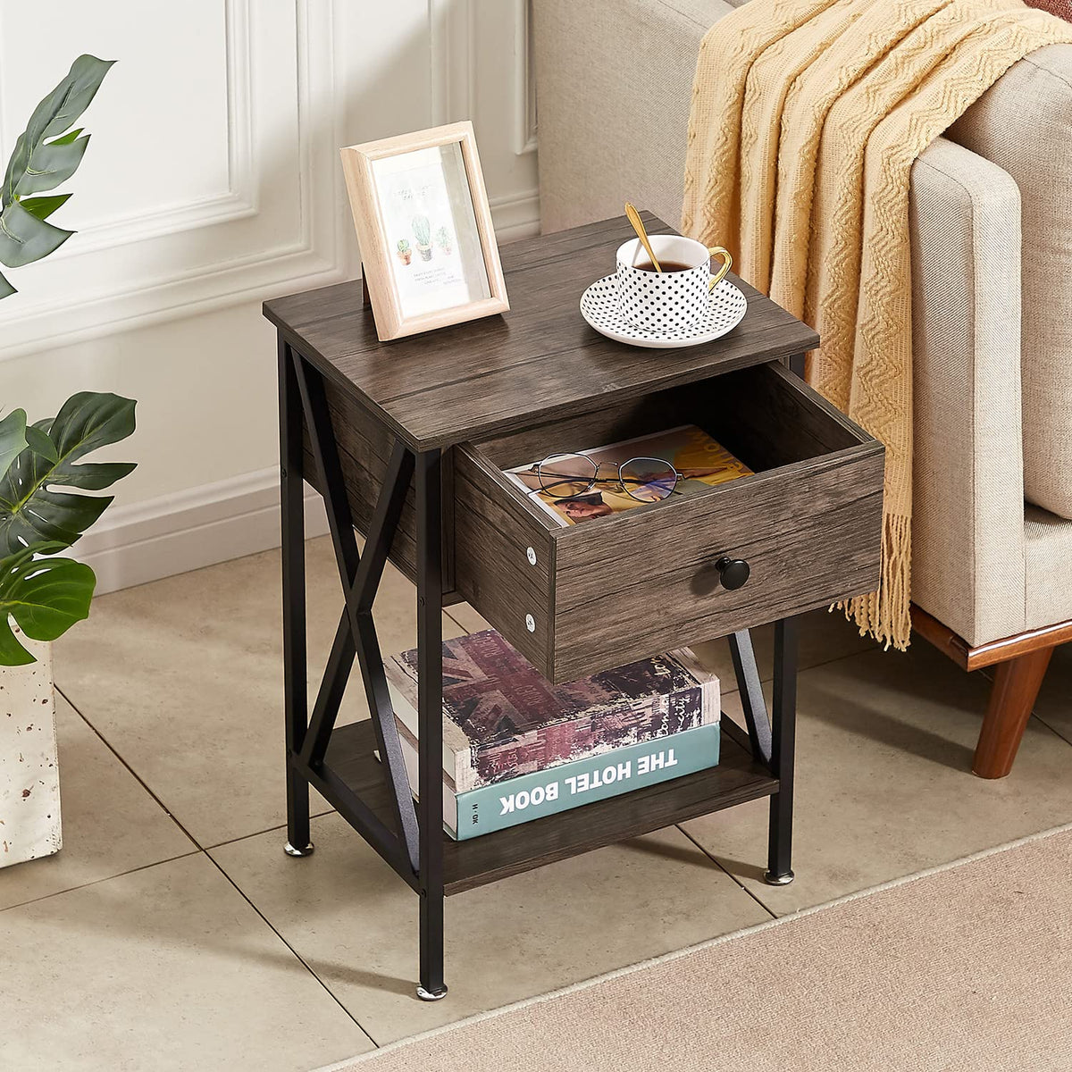 VECELO Nightstand,Modern Bedside End Table, Night Stand with Drawer and Storage Shelf for Living Room Bedroom, Industrial Metal Frame