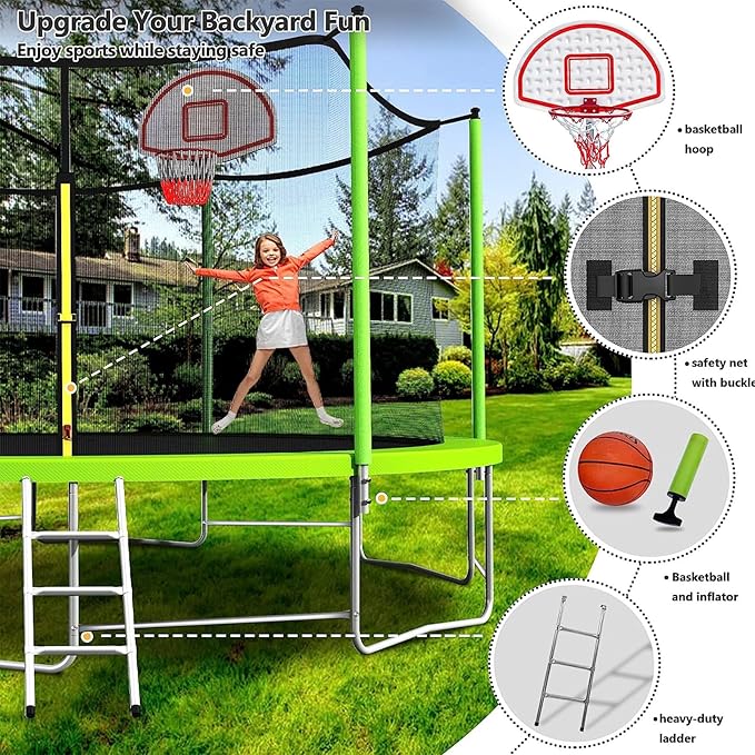 Upgraded 10/12/14/15/16FT Trampoline Outdoor, Large Kids Trampoline with Light, Stakes, Sprinkler, Backyard Trampoline with Basketball Hoop and Net, Capacity for 4-6 Kids and Adults