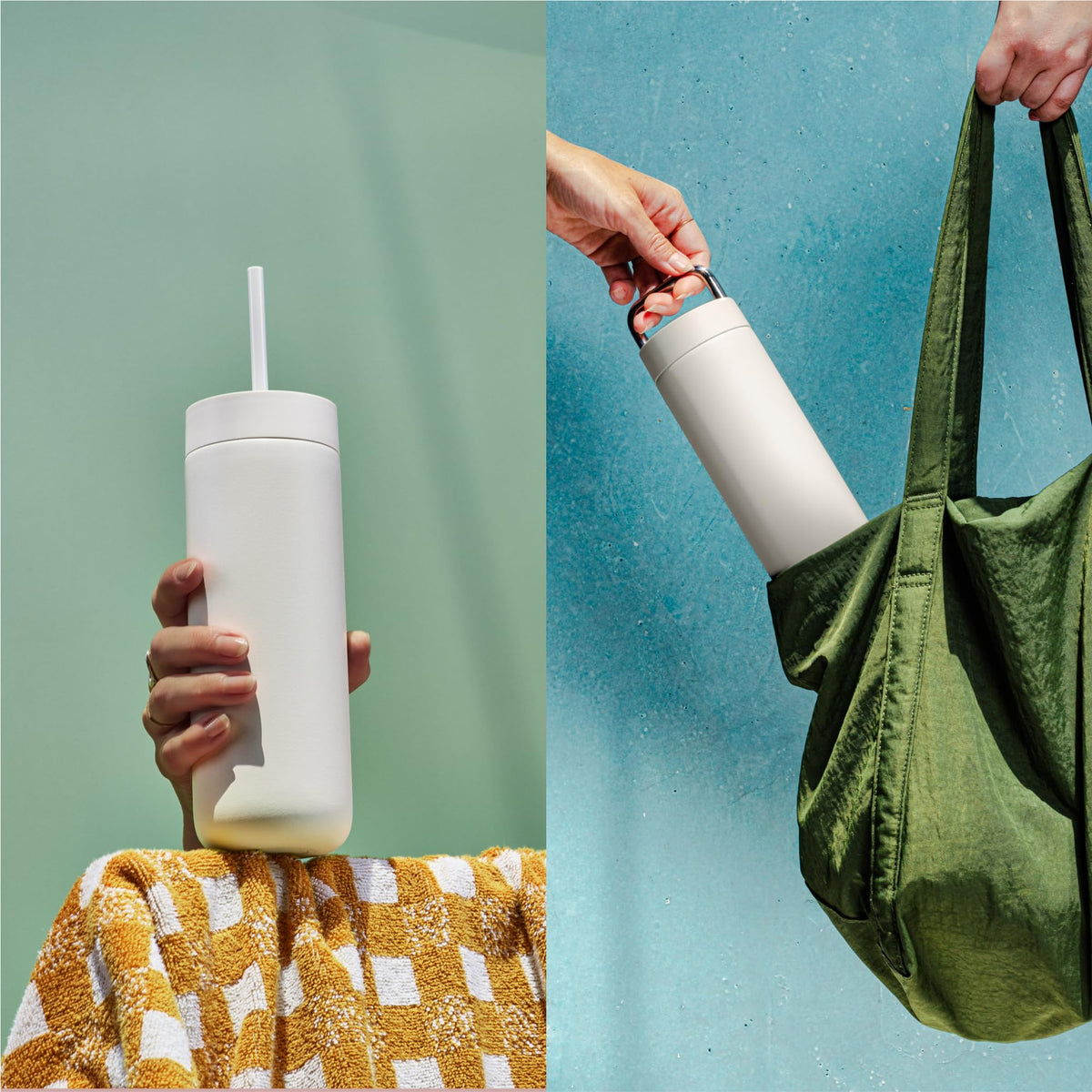 Fellow 20 oz Carter Water Bottle with 2 Lids - Leak-Proof Lid with Metal Handle - Cold Lid with Straw - Ceramic Interior & Vacuum-Insulated Stainless Steel - Matte White