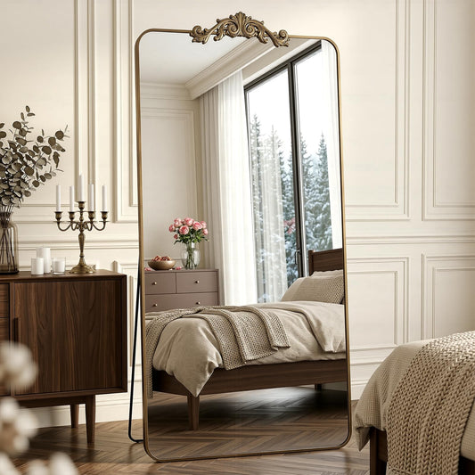 Antok Arched Full Length Mirror, 81"x41" Floor Mirror with Carved, Full Body Mirrors for HomeDecor, Standing/Halling Large Wall Mirror for Bedroom, Living Room, Cloakroom, Bronze, Ornate Style