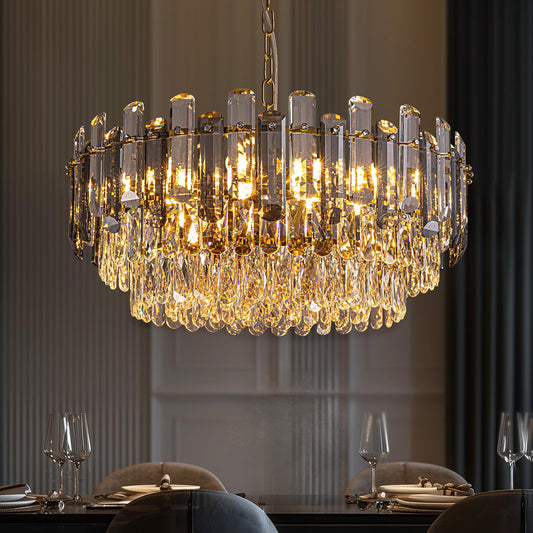7PM Gold Crystal Chandeliers, 24-inch 4-Tier Modern Crystal Chandelier for Dining Room, Luxury Crystal Pendant Light Ceiling Light Fixture for Living Room Kitchen Island Bedroom Entryway, Brass Finish