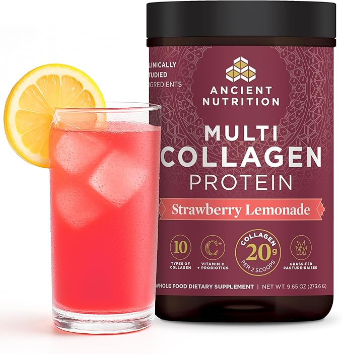 Ancient Nutrition Collagen Peptides Powder, Multi Collagen Protein, Women & Men, Vitamin C, Probiotics, Hydrolyzed Collagen, Supports Skin, Joints, Gut Health, Strawberry Lemonade, 24 Servings