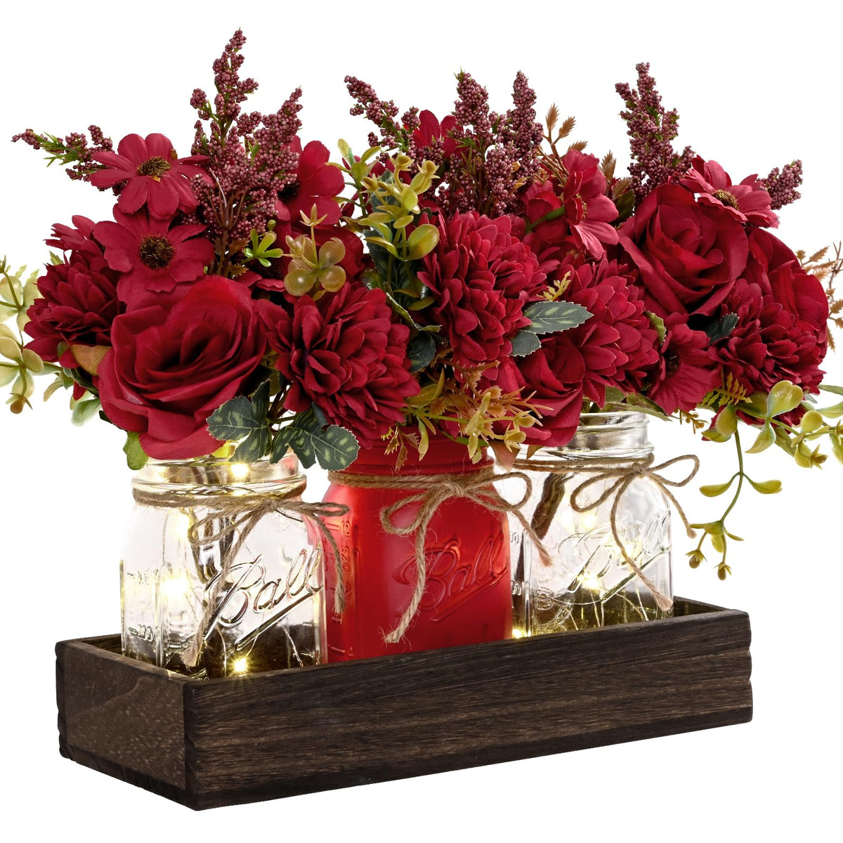 BLEUM CADE Centerpiece Table Decorations - Mason Jar Lights Centerpiece for Kitchen Dining Table Farmhouse Coffee Table Wedding Home Decor with 3 Jars Artificial Flowers & Wood Tray