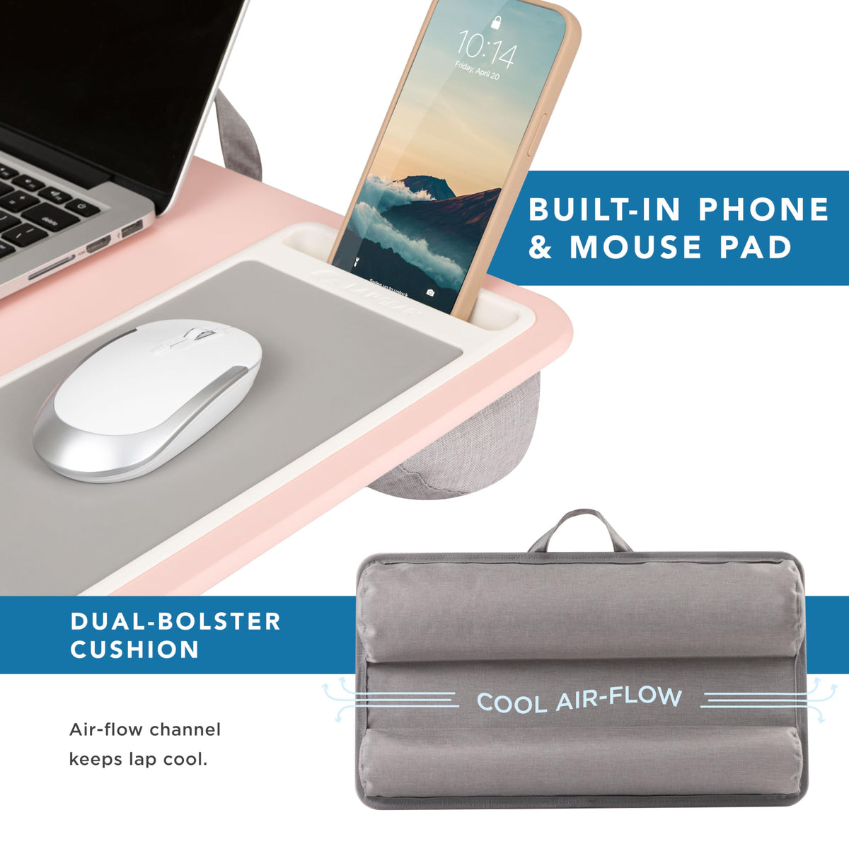 LAPGEAR Home Office Lap Desk with Device Ledge, Mouse Pad, and Phone Holder - Pink - Fits up to 15.6 Inch Laptops - Style No. 91584