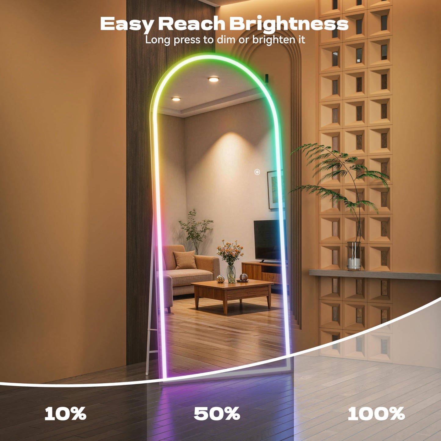 Hasipu Arch Full Length Mirror 81 x 34 in with Stand — Arch LED RGB Full Body Mirror, 7 Lighting Modes, Dimmable, Built‑in Bluetooth Speaker, White Frame for Bedroom Dressing Room