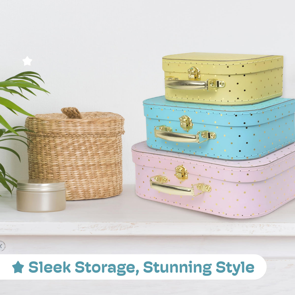 Jewelkeeper Decorative Storage Boxes Set of 3 - World Map Mini Suitcase Style Cardboard Suitcase with Brass Clasps and Handle - Ideal for Travel Decor, Event Props and Gift Presentation