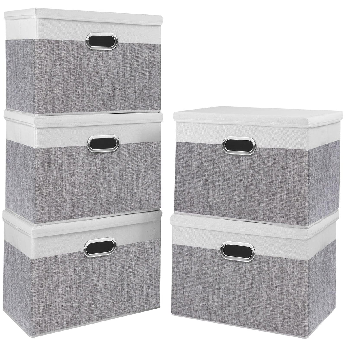 Yawinhe Fabric Storage Bins with Lids, Decorative Boxes with 2 Metal Handles, Waterproof Cube Organizer Basket, Closet Containers, White/Gray, 17.3''Lx11.8''Wx11.8''H, 5-Pack