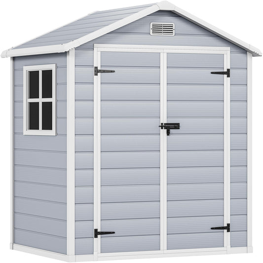 DWVO 6x4.4 FT Resin Storage Shed with Reinforced Floor, Outdoor Storage Shed with Lockable Door, Window and Vents, Waterproof Plastic Tool Storage for Garden, Backyard, Patio, Lawn