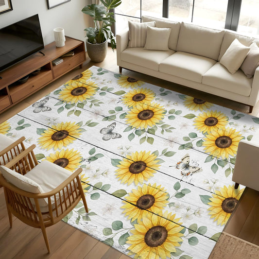Area Rugs 8x10 for Living Room, Yellow Sunflowers Non Slip Washable Rug Runner, Summer Botanical Butterfly Leaves Wooden Low Pile Indoor Floor Carpet Mat Bathroom Rugs for Bedroom, Kids Room