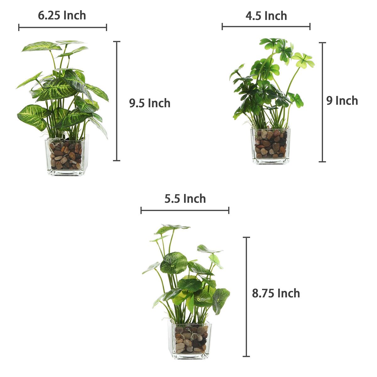 MyGift Set of 3 Fake Plants, Small Artificial Potted Plants Indoor in Clear Glass Pot, 9.5 Inch Faux Plant for Home Decor