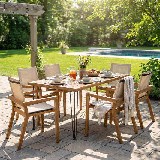 Christopher Knight Home Zion Acacia Wood Outdoor Dining Set for 6, 7 Piece Patio Dining Table and Chair Set, Wooden Outdoor Dining Armchair and Table Set, Teak+Beige