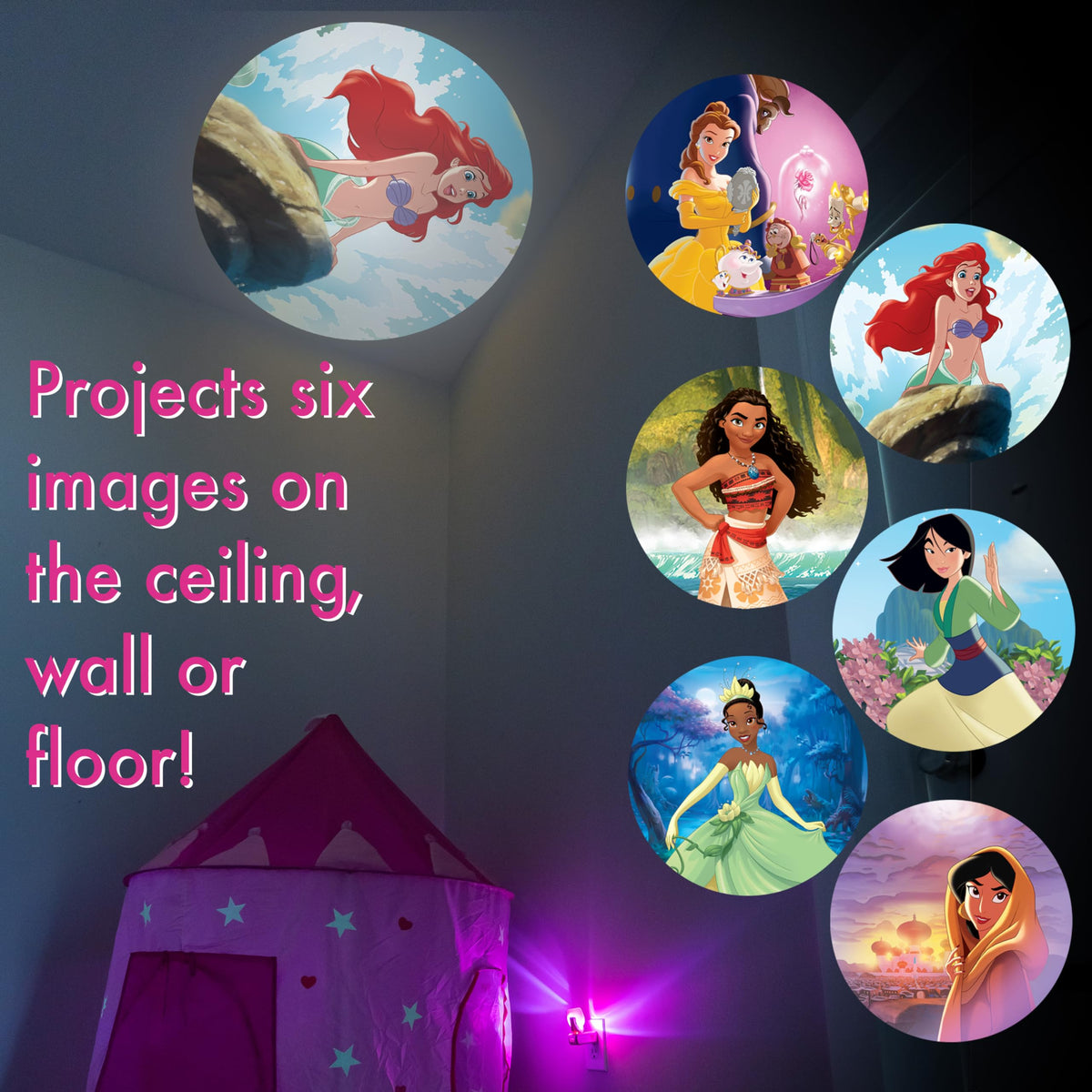 Projectables Disney Princess LED Kids Night Light, Projector, Plug-In, Dusk-to-Dawn Sensor, Belle, Jasmine, Ariel, Moana, Tiana & Mulan, Pink, 11738