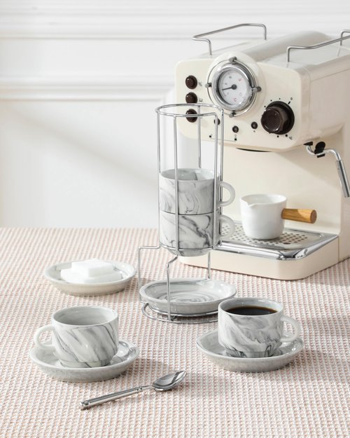 MALACASA 4 OZ Porcelain Espresso Cups with Saucers and Metal Stand Set of 4, Stackable Cappuccino Cups, Marble Gray Expresso Shots Cup Set for Coffee Drinks, Latte, Tea