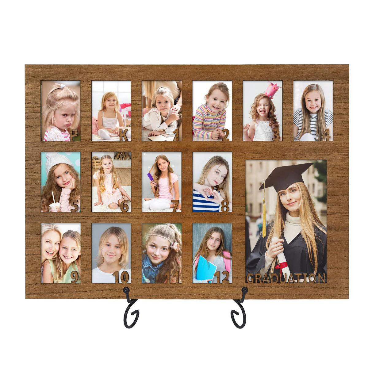 FramePro School Years Picture Frame Pre K to 12 Wooden Graduation Gift Collage Frame with Stand Easel, Displays One 4x6 and Twelve 2x3 Wallet Photos