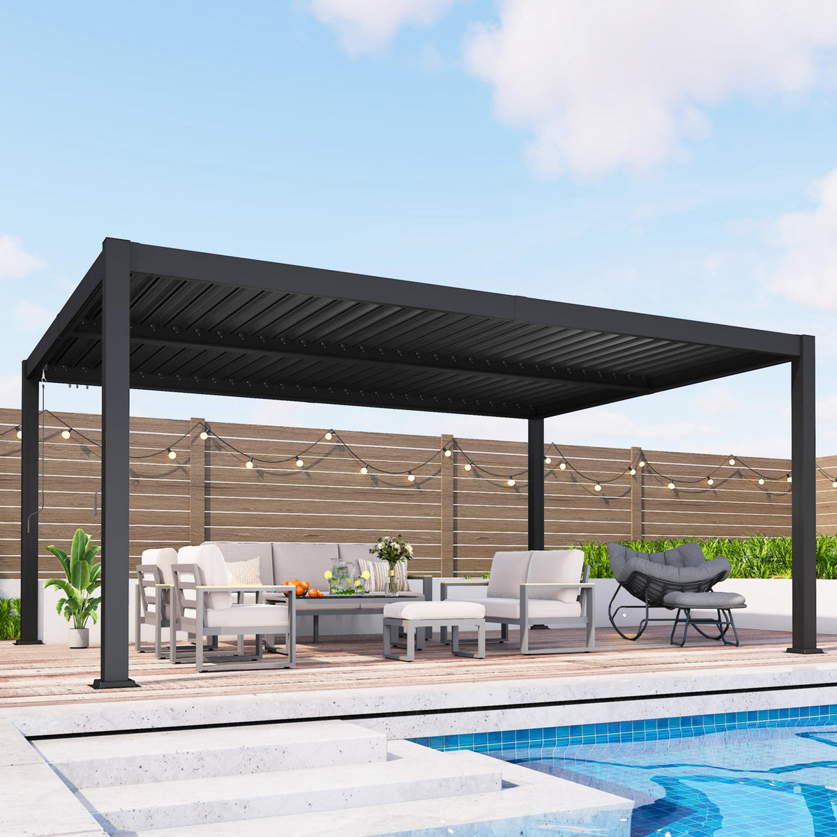 12' x 16' Louvered Pergola, Metal Outdoor Pergola with Adjustable Louvered Roof & Gutter System, Hardtop Patio Gazebo for Backyard, Deck, Garden, Dark Gray