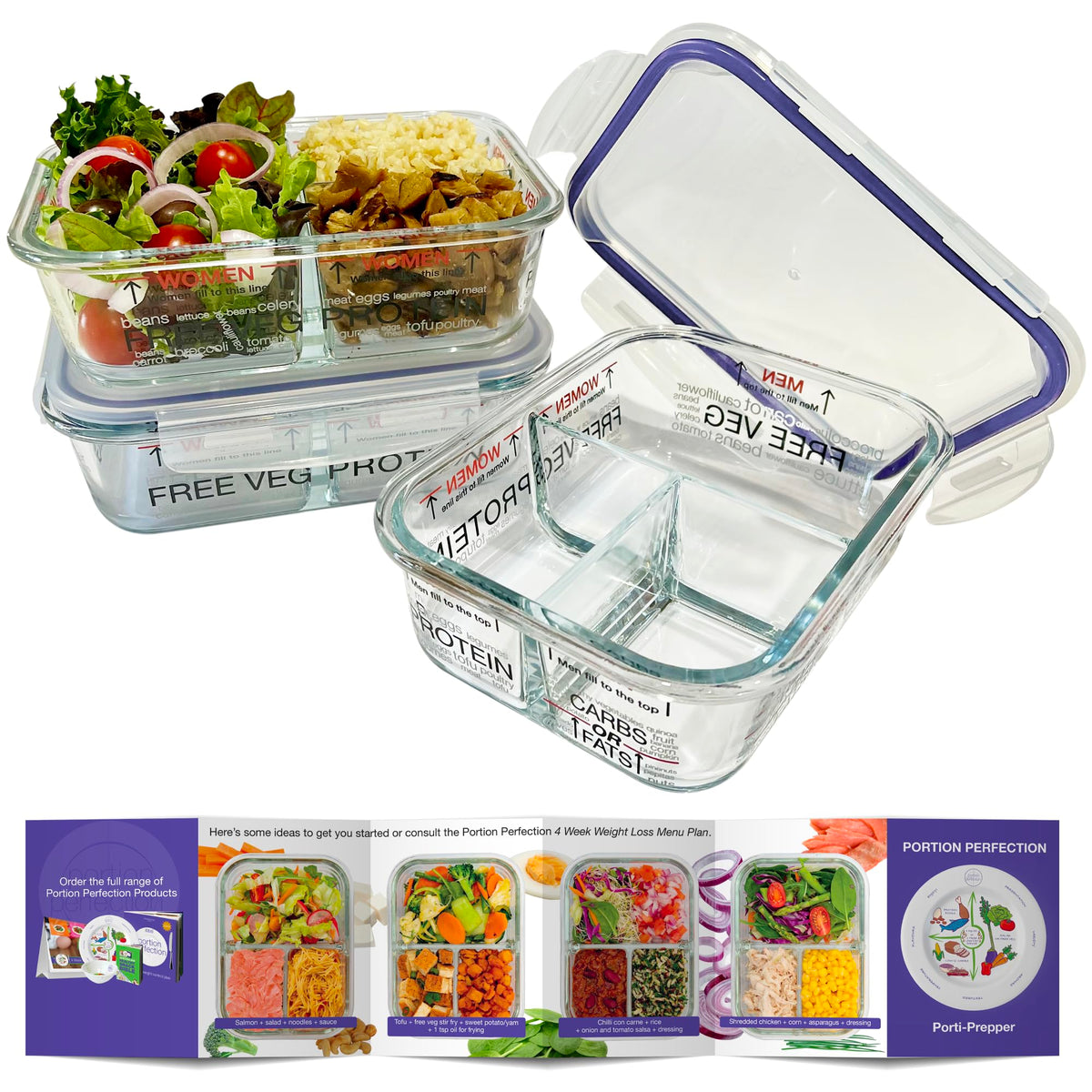 Portion Perfection Portion Control Containers - Glass Oven Ready, Freezer Safe Meal Prep Containers Reusable for Food 3pk, 3 Compartment with Lids, Practical Weight Control Products