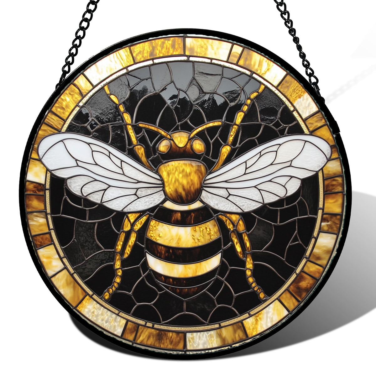 AMDERVEN Stained Glass Window Hanging - Black Gold Bee White Wings Sun Catcher for Door Home Decor Insect Suncatcher Christmas Mother's Day Birthday Gifts for Women Men Lovers Mom Nana 15 in