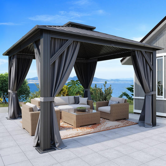 DWVO 12x12ft Metal Gazebo Hardtop Double Roof Canopy Outdoor Gazebo Galvanized Roof with Netting and Curtain Garden Tent for Patio, Backyard and Deck