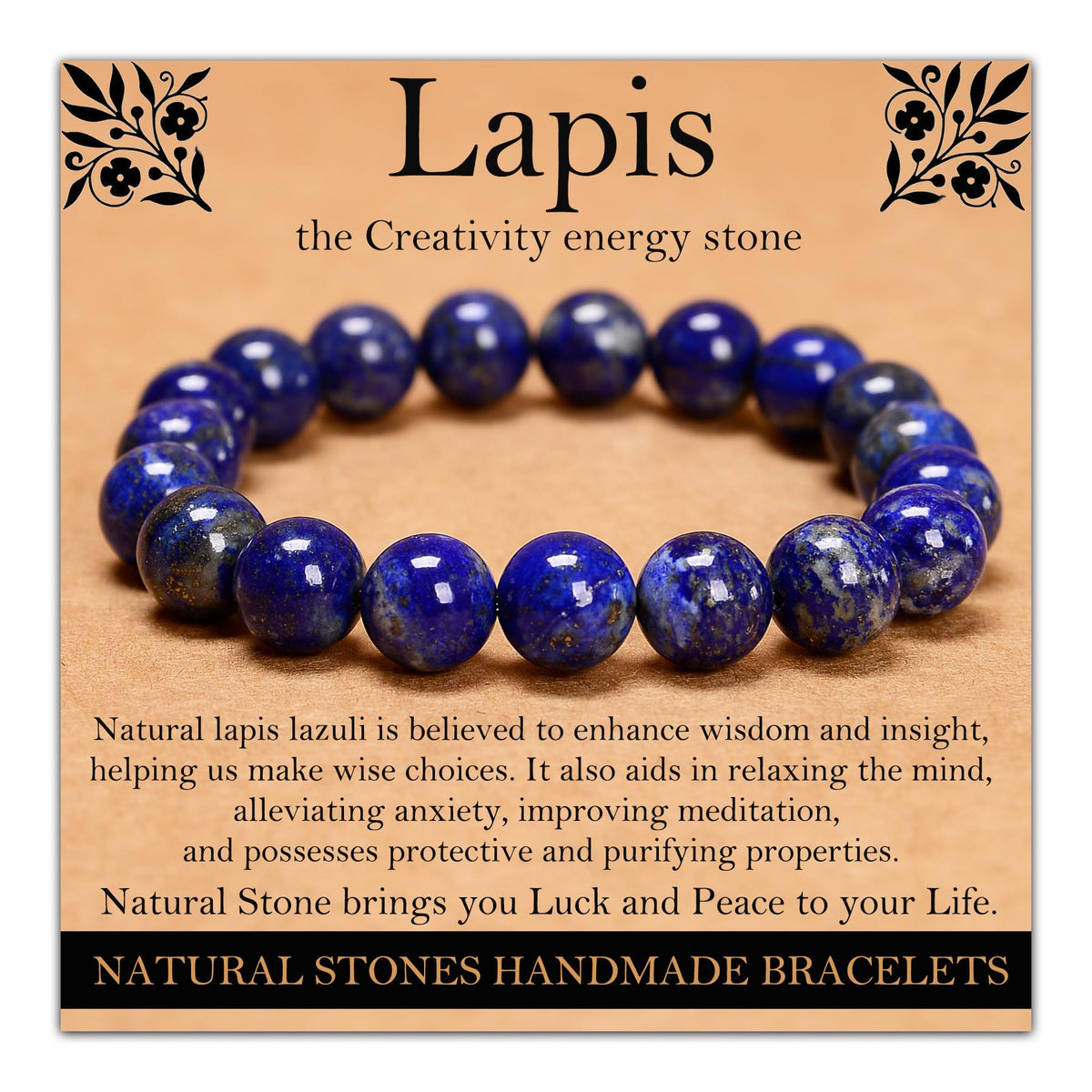 Handmade Natural Gemstone Elastic Bracelet - Healing Crystal Beads Jewelry, Unisex (Lapis Lazuli, 10mm)