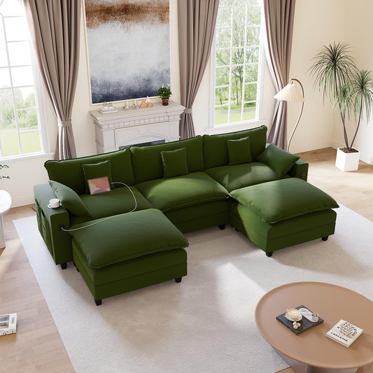 KCGKCG 116" Modular Sectional Sofa, U Shaped Cloud Couch with Movable Ottoman, Chenille Deep Seat Cloud Sofa with Charging Station, Cup Holder, Side Pocket, Sectional Couches for Living Room, Green