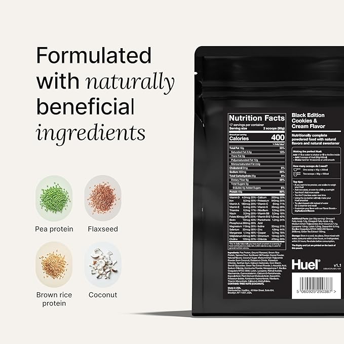 Huel Black Edition Protein Powder Meal Replacement Shake - Cookies and Cream 34 Scoops Packed with 100% Nutritionally Complete Food, Including 40g of Protein, 8g Fiber, 27 Vitamins Minerals 1