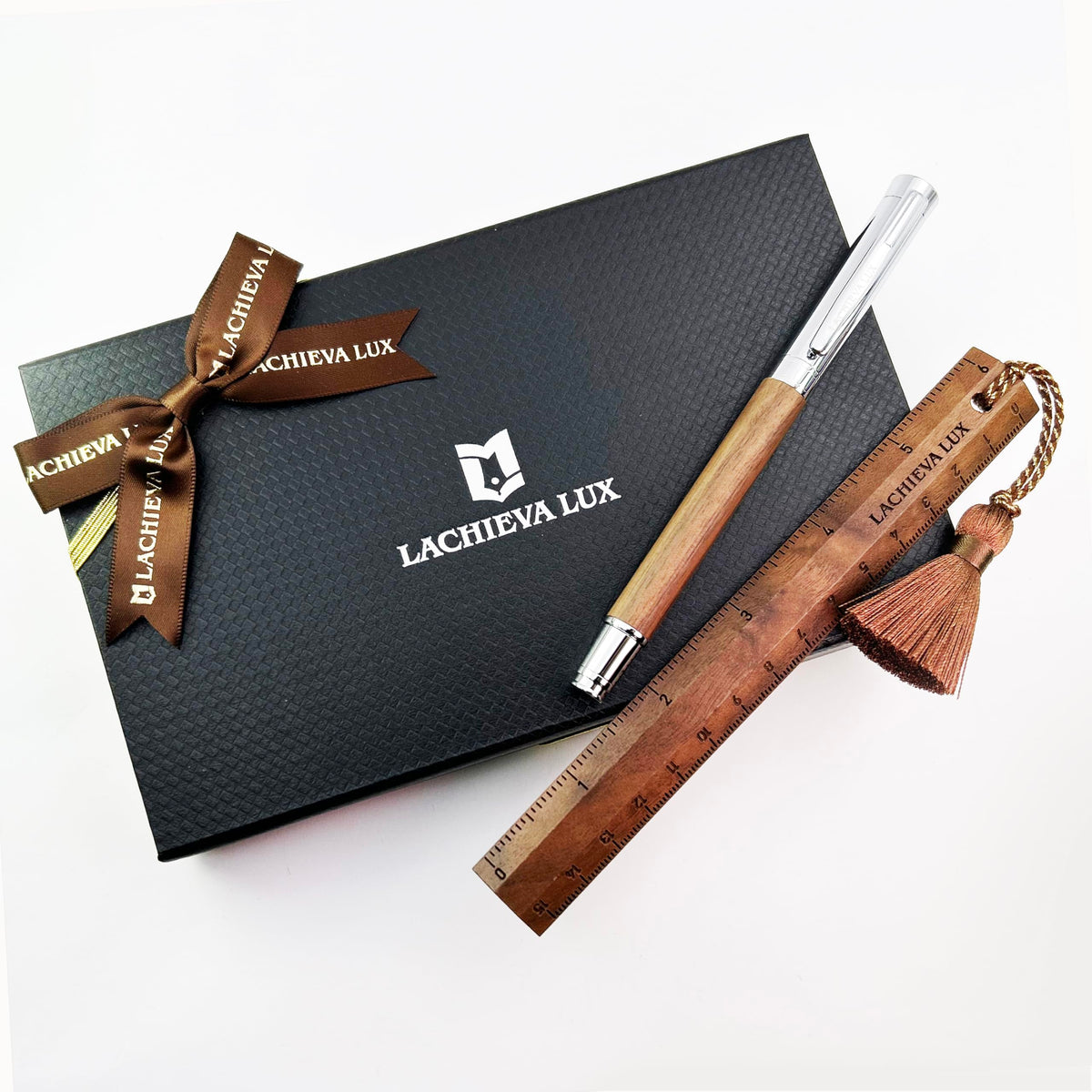 LACHIEVA LUX Fancy Walnut Rollerball Pen with Ruler/Book mark Set, Luxury Stationery Gift for Woman, Man