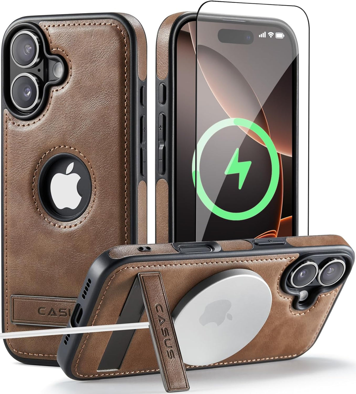 C Casus 17 6.3 Inch (2025), Casus for iPhone Case with MagSafe, Slim Kickstand Vegan Leather Protective Cover