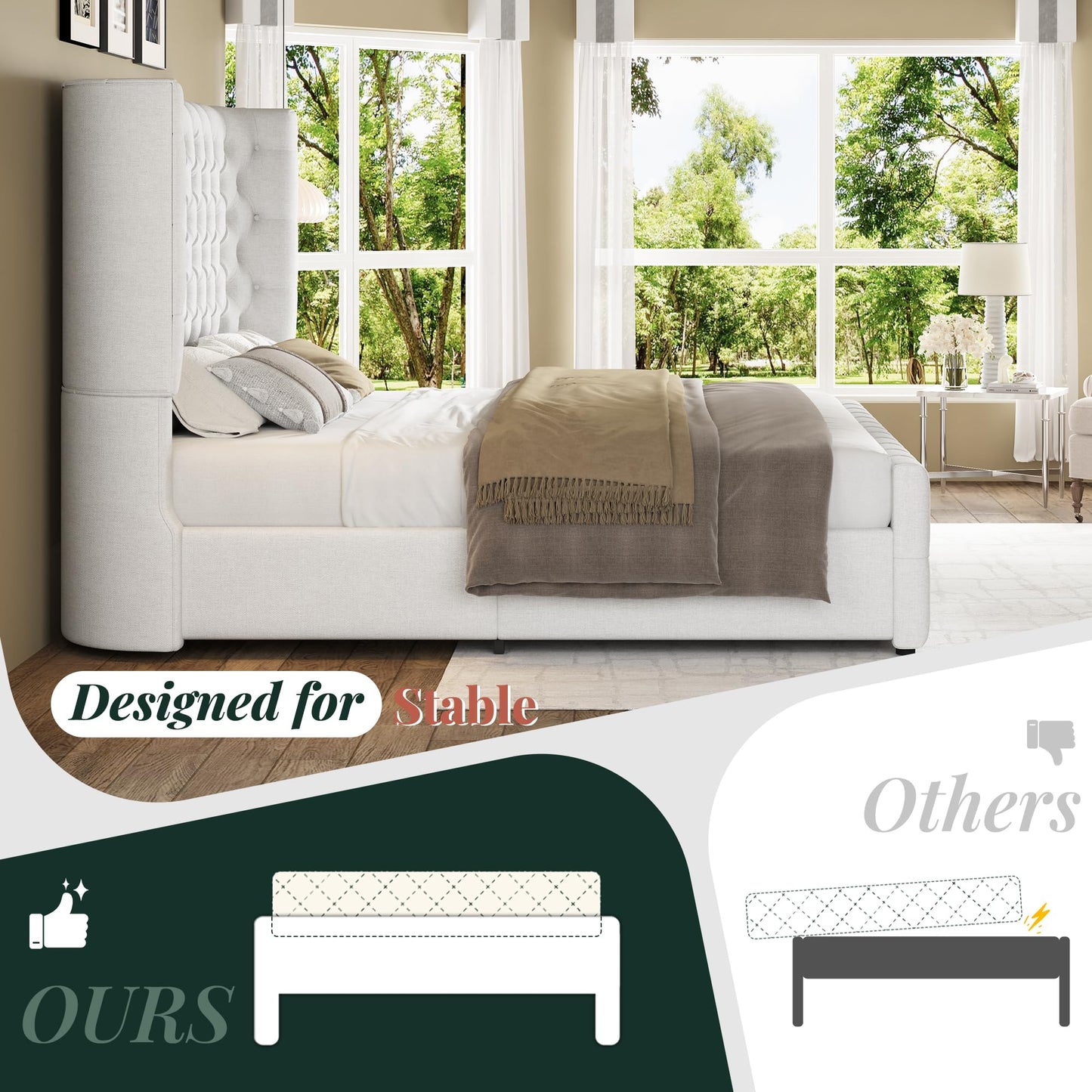 Jocisland Queen Size Platform Bed Frame, 6.3" Thick Upholstered Curved Wingback Headboard and Footboard with Deep Button Tufted, Easy Assembly, No Box Spring Needed, White Linen