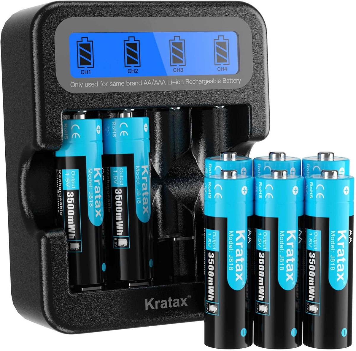 Kratax 8 Pack 3500mWh 1.5v 2.5h 1600 Rechargeable AA Lithium Batteries, high Capacity Double A li-ion Battery