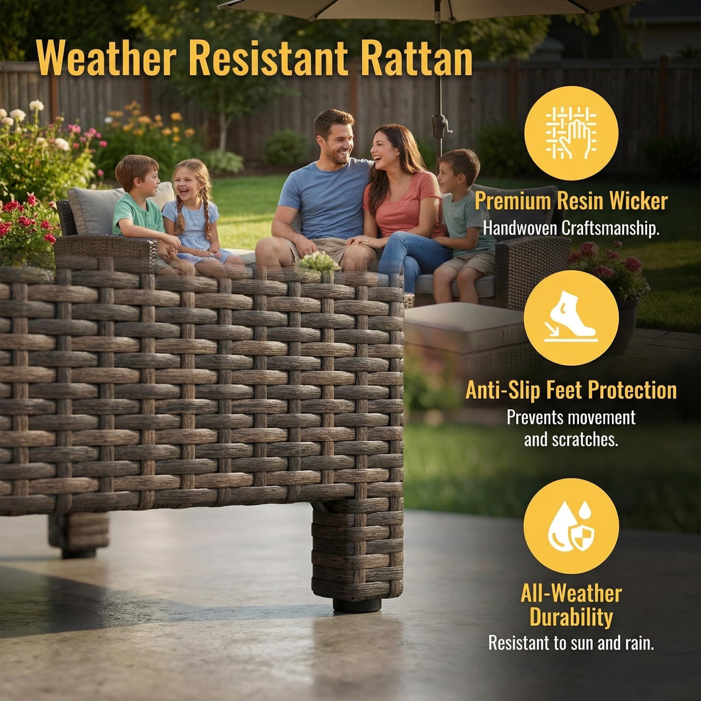 Wisteria Lane 7 Piece Patio Furniture Set, High Curved Back Wicker Patio Sectional, All Weather Outdoor Dining Set, Outdoor Furniture Patio Conversation Set with Ottoman, Ash Gray