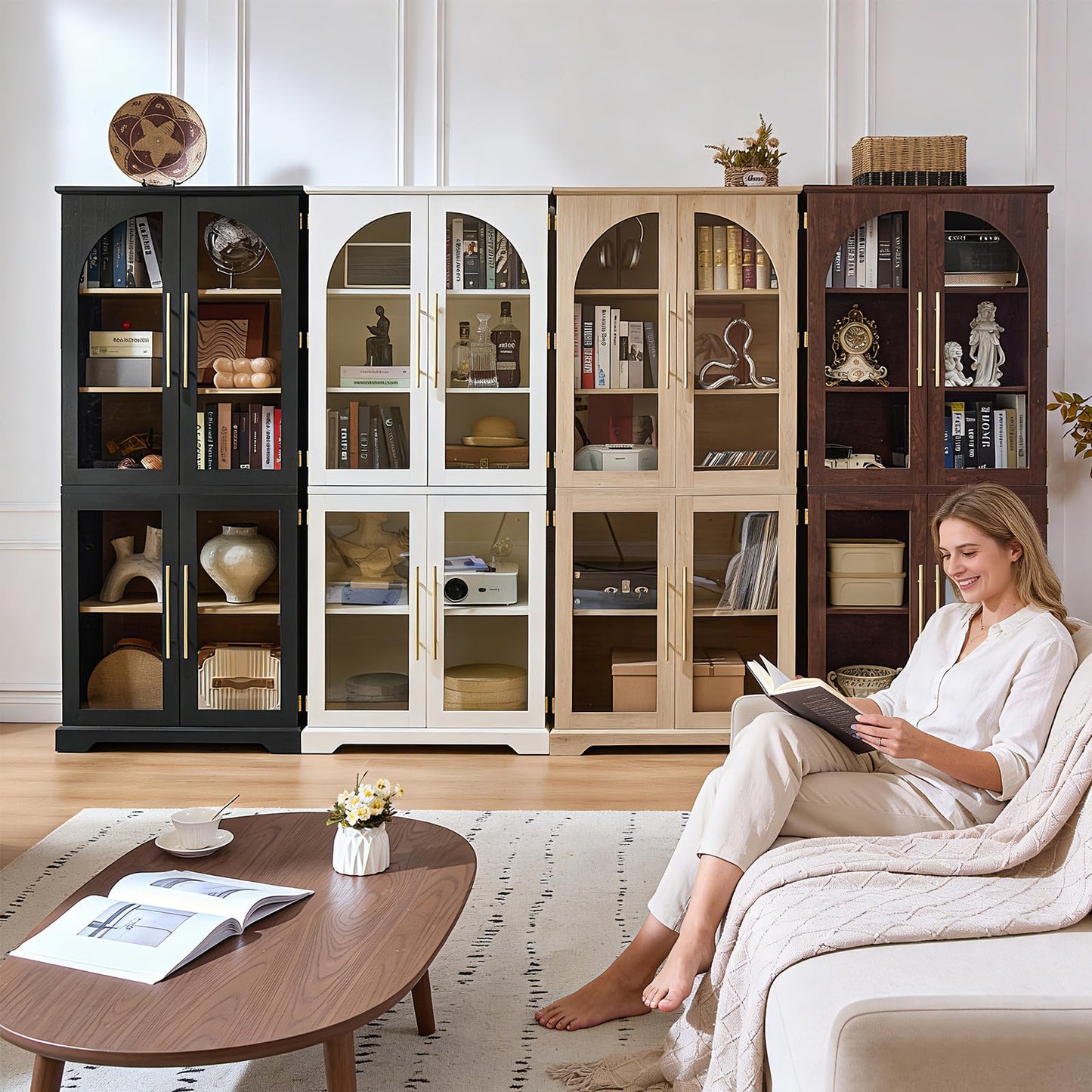 Joaxswe 72" Tall Bookshelf Set of 2, Farmhouse Bookcase with 3-Tier Adjustable Shelves, Modern Living Room Display Cabinet with Glass Doors, Large Storage Cabinet for Home Office,Dining Room, Natural