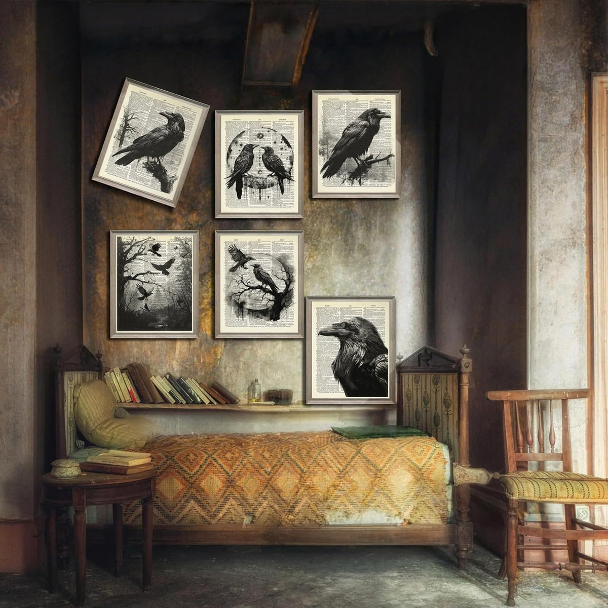 6Pcs Black Raven Wall Art Dark Academia Wall Decor Pictures Victorian Gothic Crow Canvas Posters Prints for Living Room Bedroom Decoration Unframed (8x10in)