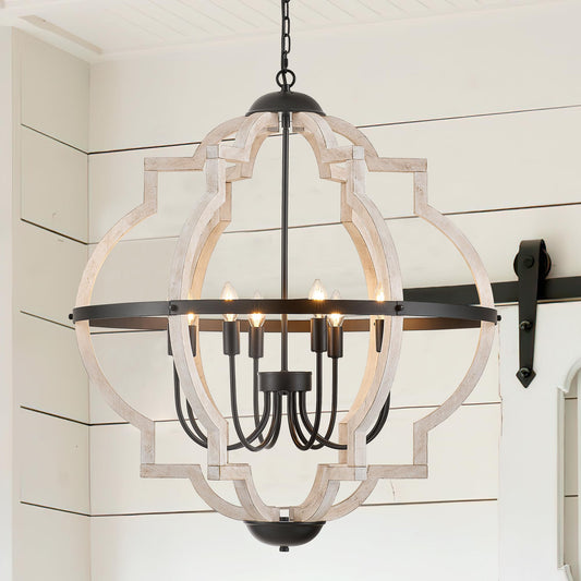 Faibra 8-Light Wood Pendant Light,31.96'' Vintage Rustic White Wood Chandeliers,Retro Industrial Hanging Light Fixtures for Dining Room Entryway, Bedroom