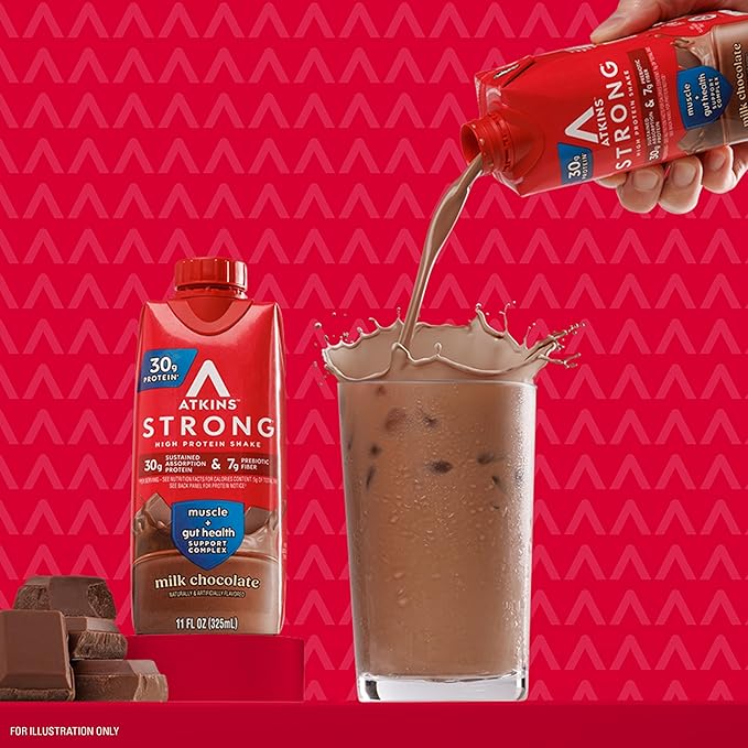 Atkins Strong High Protein Shake, Milk Chocolate Flavored, 30g Protein, Low Carb and Low Sugar Shake, Keto Friendly, Gluten Free, Muscle and Gut Health Support Complex, 12 Count