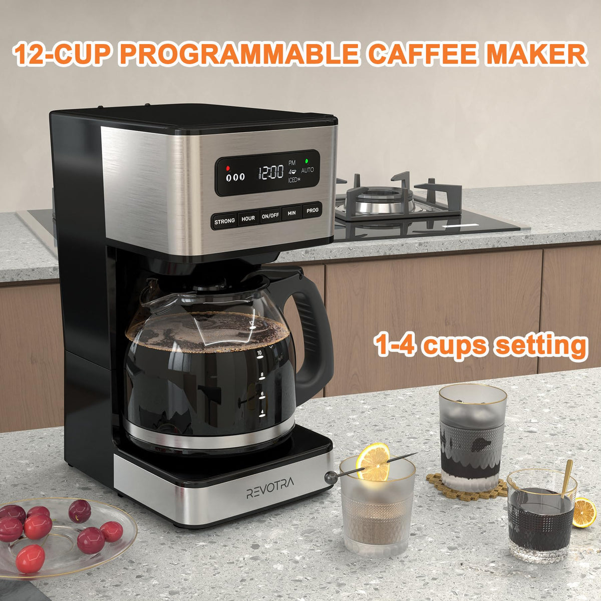 REVOTRA 12-Cup Programmable Coffee Maker, Regular & Strong Brew Drip Coffee Machine, 1-4 Cup and Ice Coffee Setting, 24H Timer, Auto Shut-Off, Keep Warm, Pause & Serve