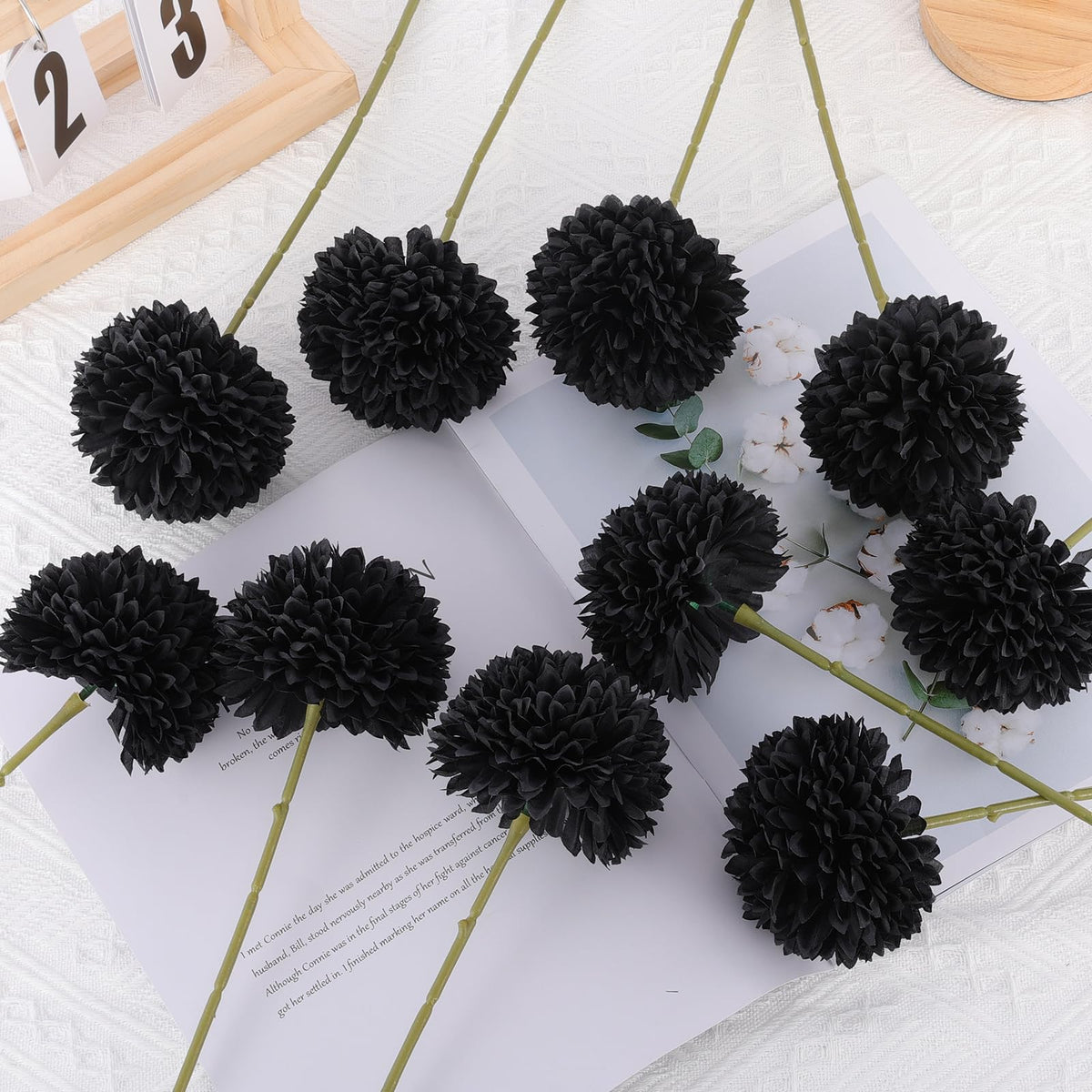 Rowfad 12 Pcs Black Artificial Chrysanthemums Flowers Silk Fake Mums Flowers for Halloween Ghothic Wedding Table Centerpiece Christmas Home Decor (12, Black)