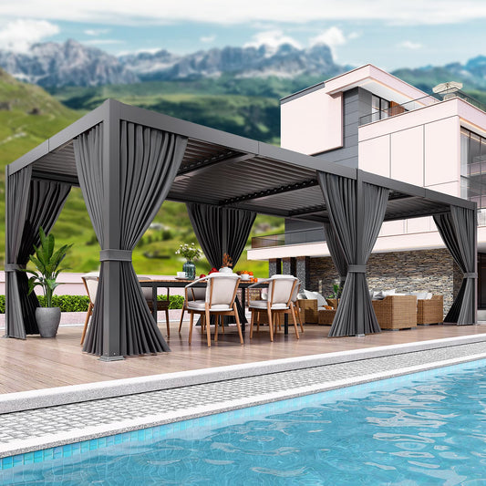 LEVELEVE 10' x 20' Louvered Pergola with Adjustable Roof, Outdoor Metal Patio Gazebo with Curtains & Netting, Gutter System, Large Hardtop Canopy for Garden, Deck, Backyard