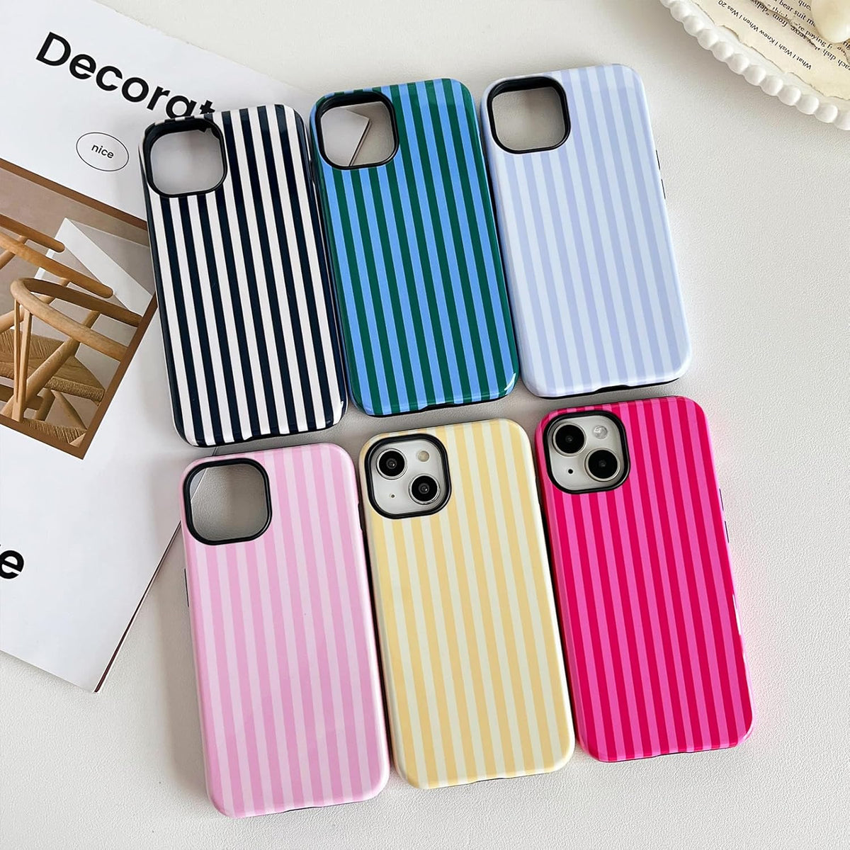 CHEDEMK 15 15 6.1"- Compatible with iPhone Case, Cute Fashion Aesthetic Striped Pattern Cover for Women, Shockproof