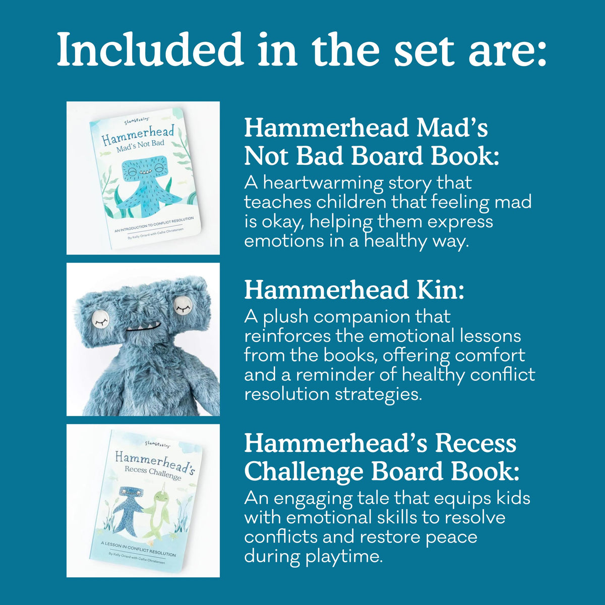 Slumberkins 14" Hammerhead Kin & 2 Board Books Complete Set Bundle | Promotes Conflict Resolution, Social Skills & Responsibility | Social Emotional Development (Hammerhead Kin Plush + 2 Board Books)