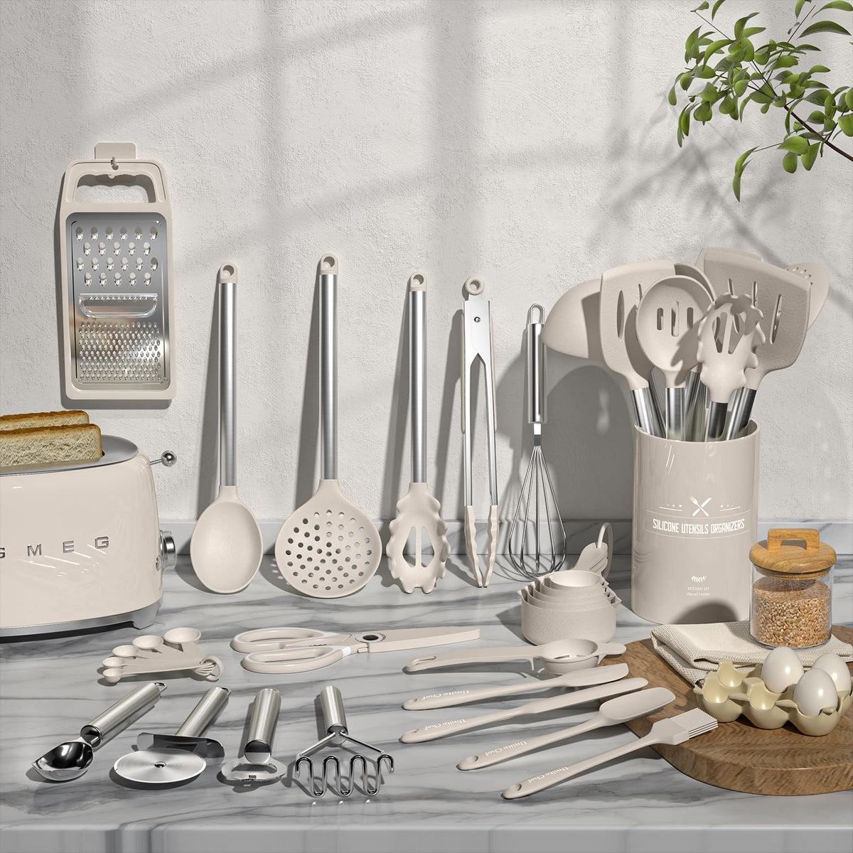 Kitchen Utensils Set-Umite Chef 34 Pcs Silicone Cooking Utensils Set for Nonstick Cookware-Silicone Spatulas Set, Stainless Steel Handle-Khaki Kitchen Gadgets Tools, Pots and Pans Accessories